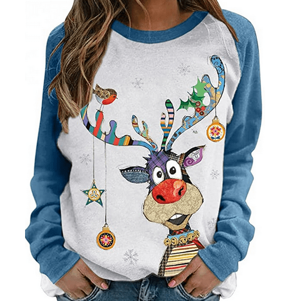 Womens Long Sleeve One Shoulder Christmas Elk Print Sweatshirt Pullover Jumper 
